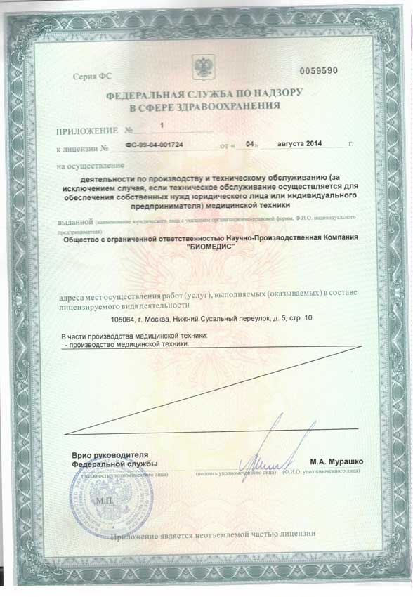 Лицензия на осуществление деятельности по производству медицинской техники НПК БИОМЕДИС. Приложение